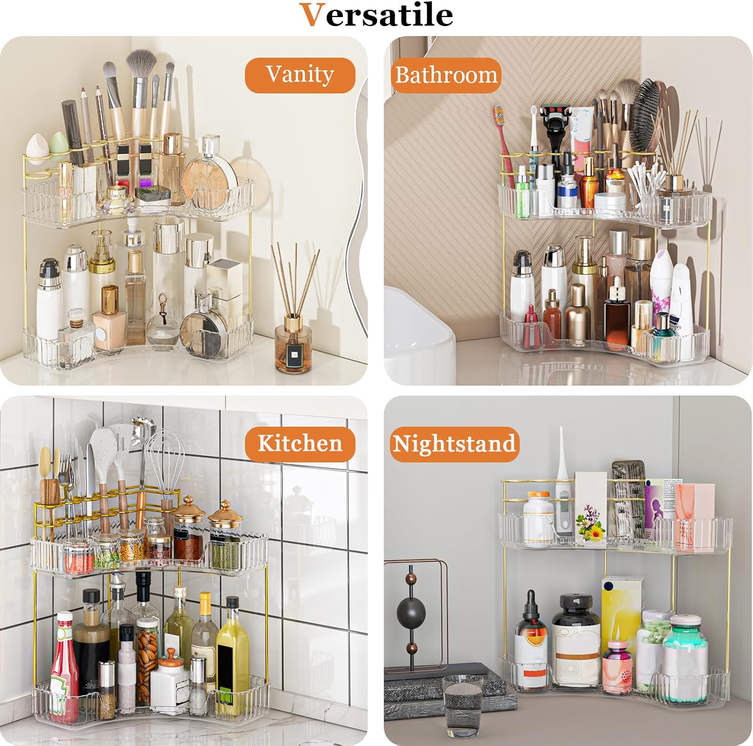 Webetop Corner Makeup Organizer 2 Tier Bathroom Storage with Brush Holder | Space-saving Corner Fit, Clear Acrylic
