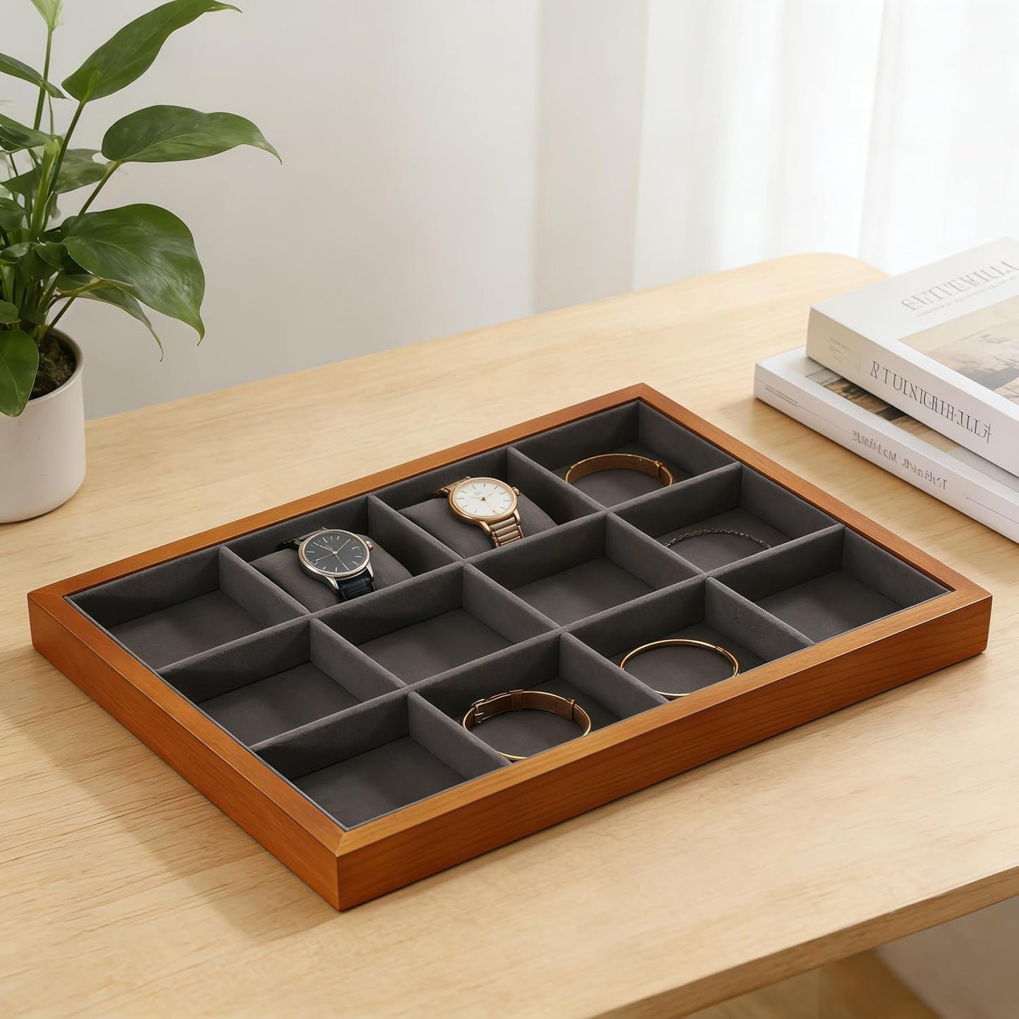 Wood Flat Jewelry Tray 12 Grid Display Wood / Gray / Bracelet Tray-w 9.45" x H 1.18"x L 13.78