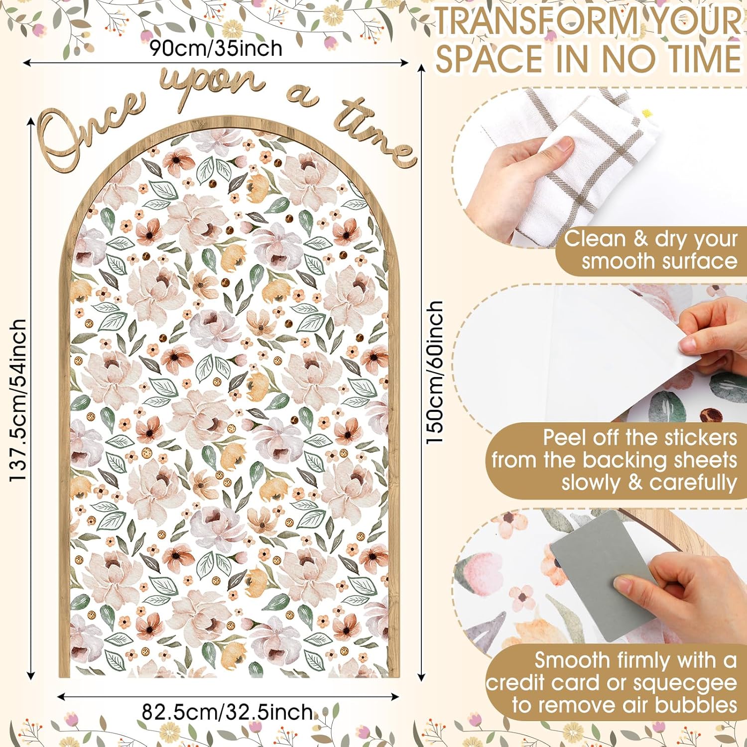 Flower Arch Wall Decals Peel and Stick Floral Stickers Once Upon a Time Floral Arch Decals / 60 x 35