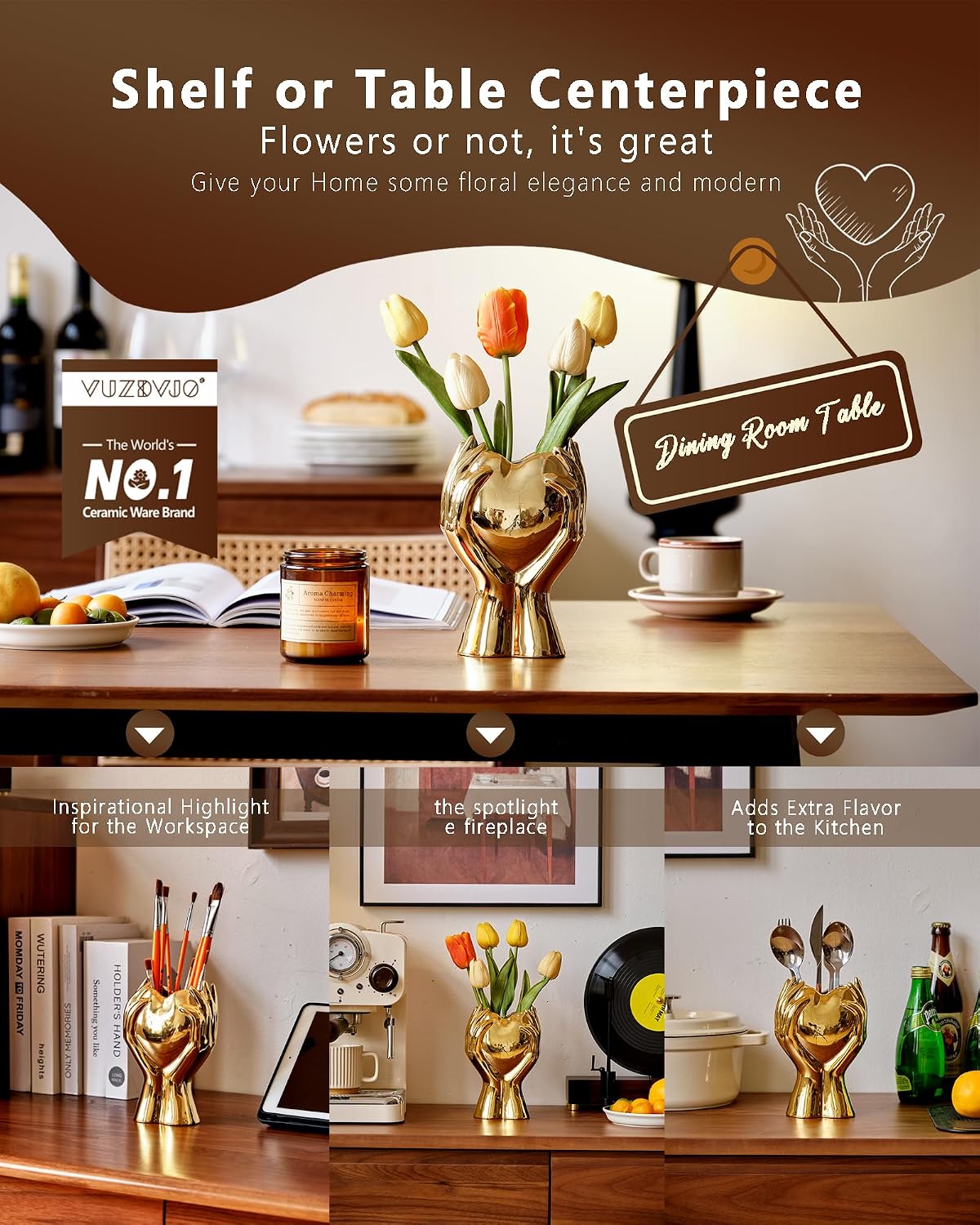 8" Heart Hand Ceramic Vase / Gold