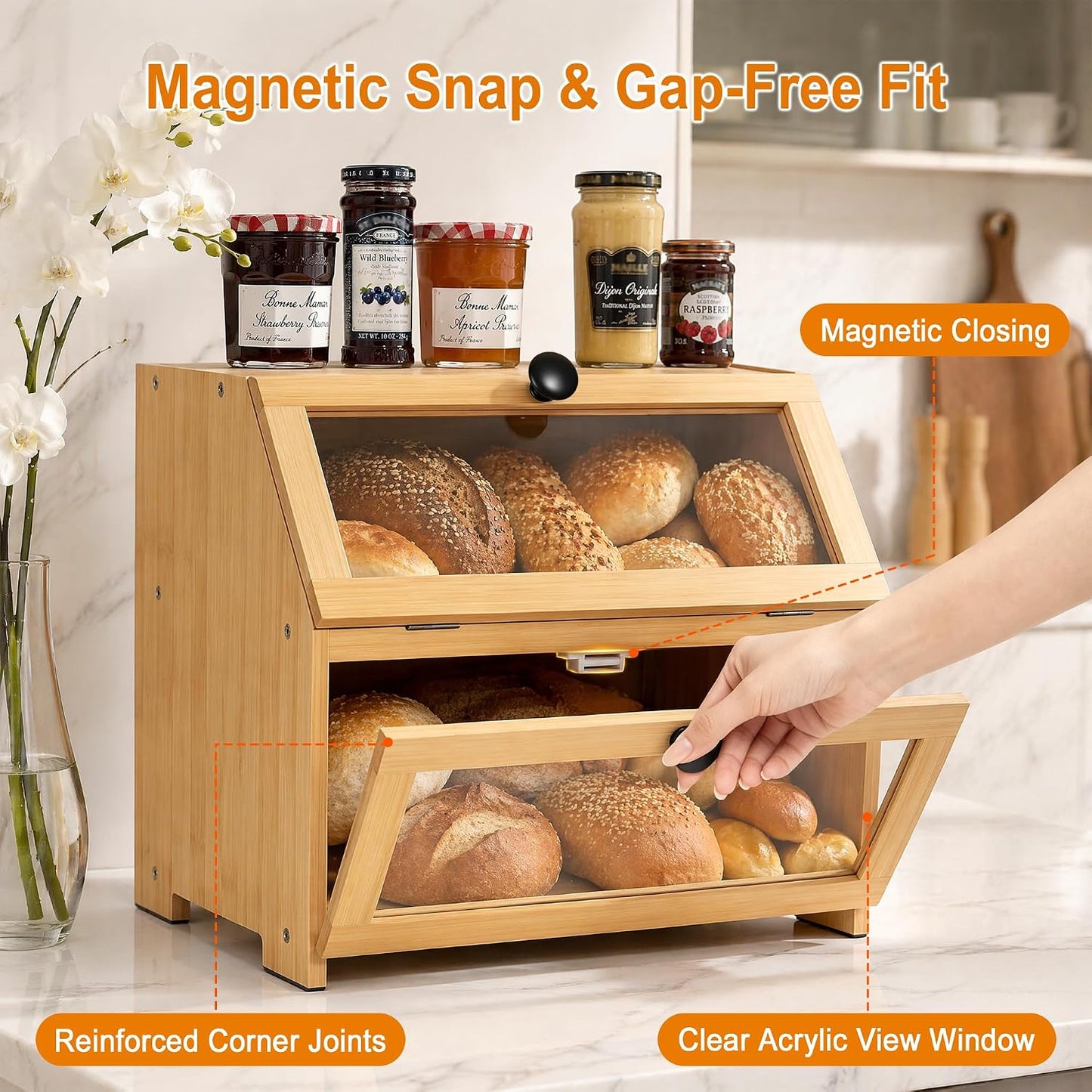 Bamboo Bread Box for Kitchen Countertop, Large Bread Storage Container Bin 2 Layer Breadbox Holder for Kitchen Counter