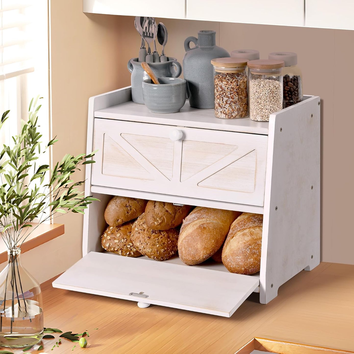 Bamboo Corner Bread Box for Kitchen Countertop 2-Tier White | Farmhouse Bread Storage Container, Large Pantry