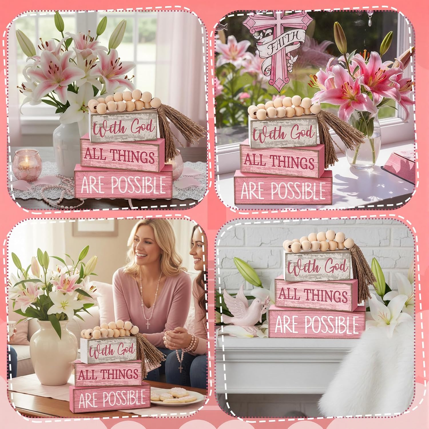 Christian Table Decor Rustic Wooden Block Sign / with God All Things Are Possible / Pink / Set of 4