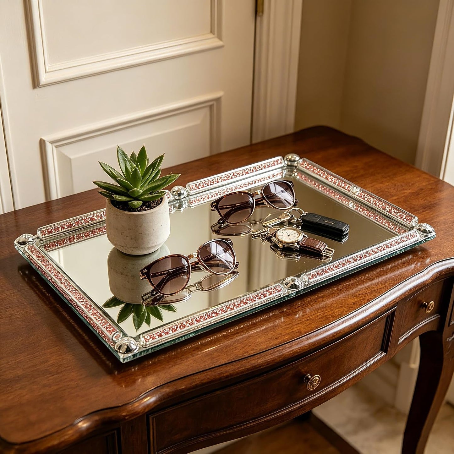 Crushed Diamond Filled Glass Vanity Tray / Pink / 15.7 x 11.8 x 1.4
