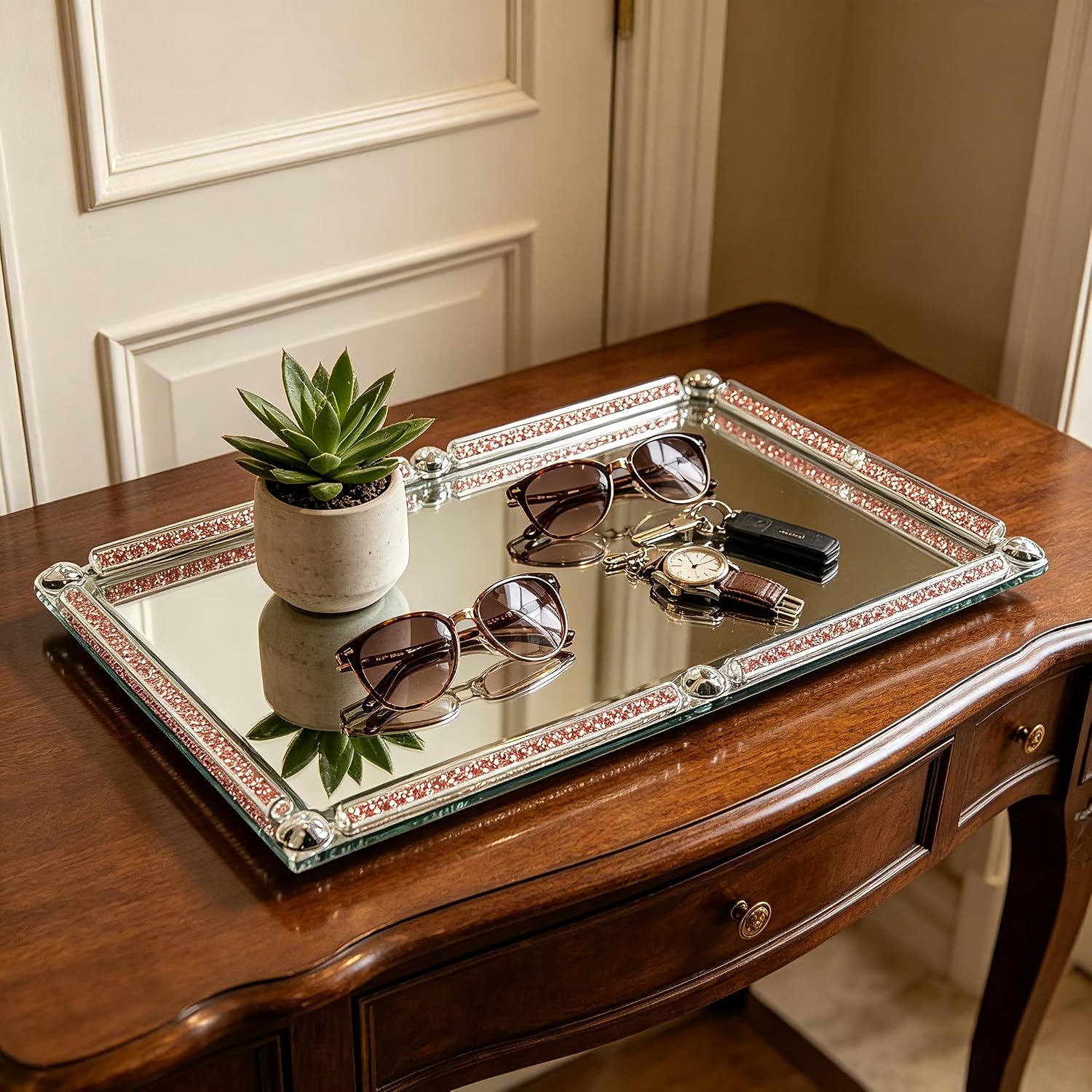 Crushed Diamond Filled Glass Vanity Tray / Pink / 15.7 x 11.8 x 1.4