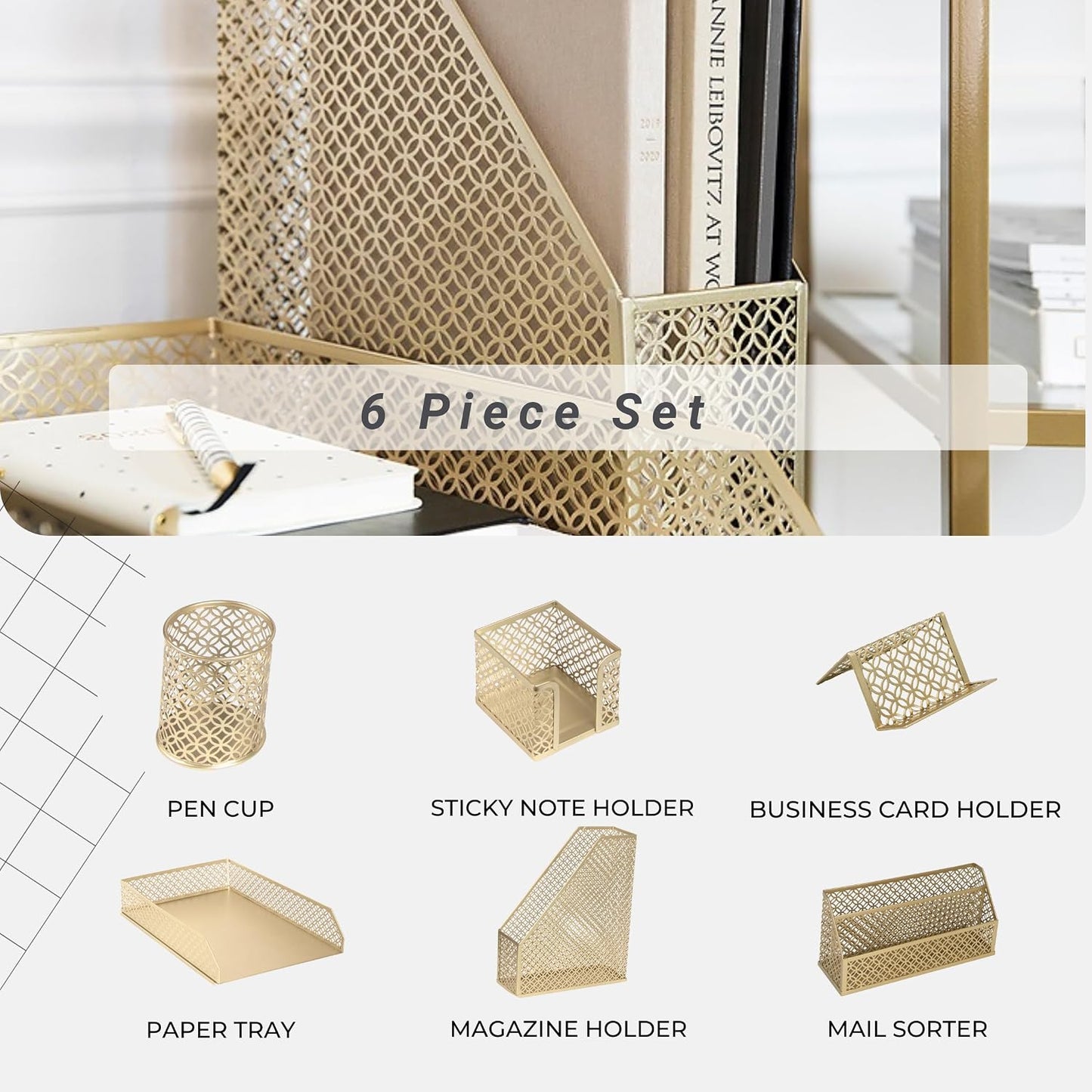 BLU MONACO | Gold Desk Organizer Set with Mail Sorter, Sticky Note Holder, Pen Cup, Magazine Holder, Letter Tray &