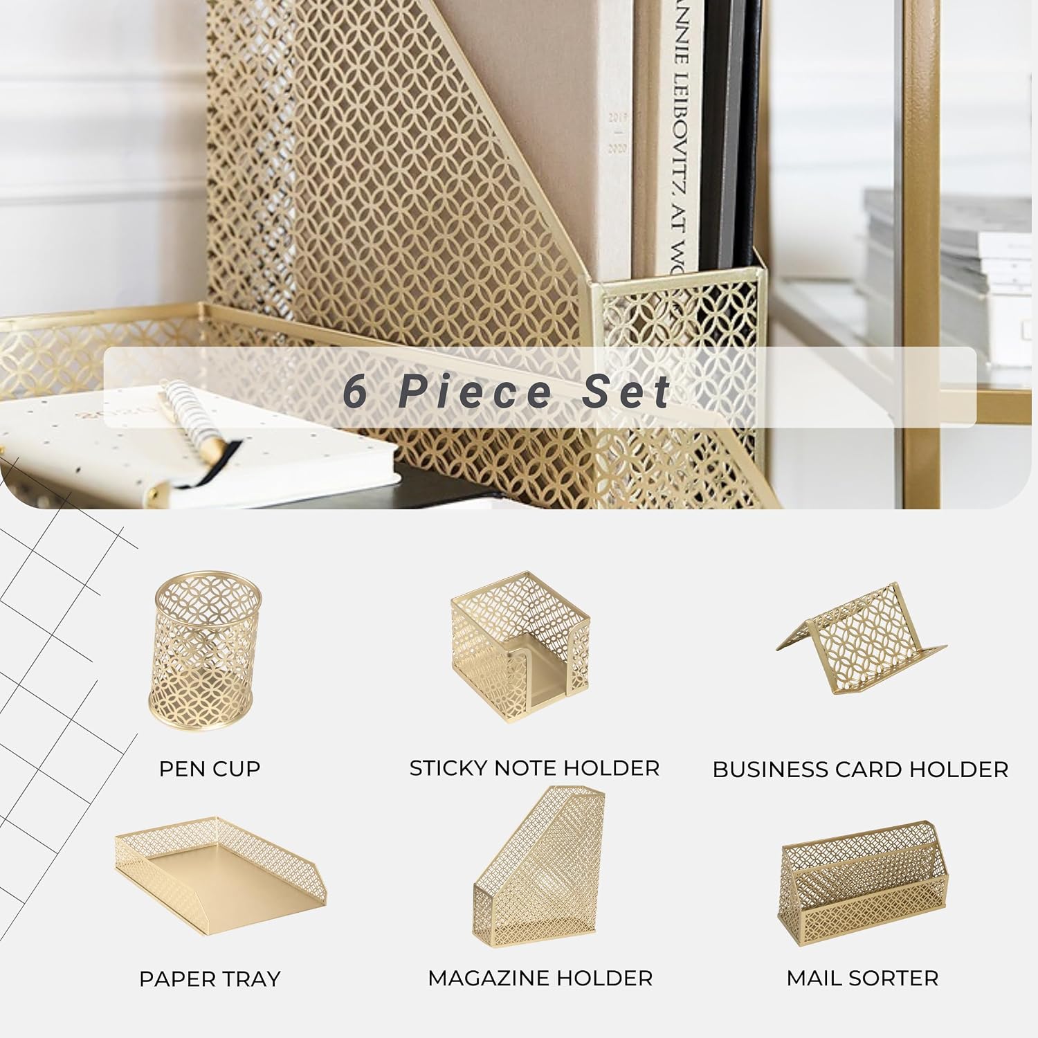 BLU MONACO | Gold Desk Organizer Set with Mail Sorter, Sticky Note Holder, Pen Cup, Magazine Holder, Letter Tray &