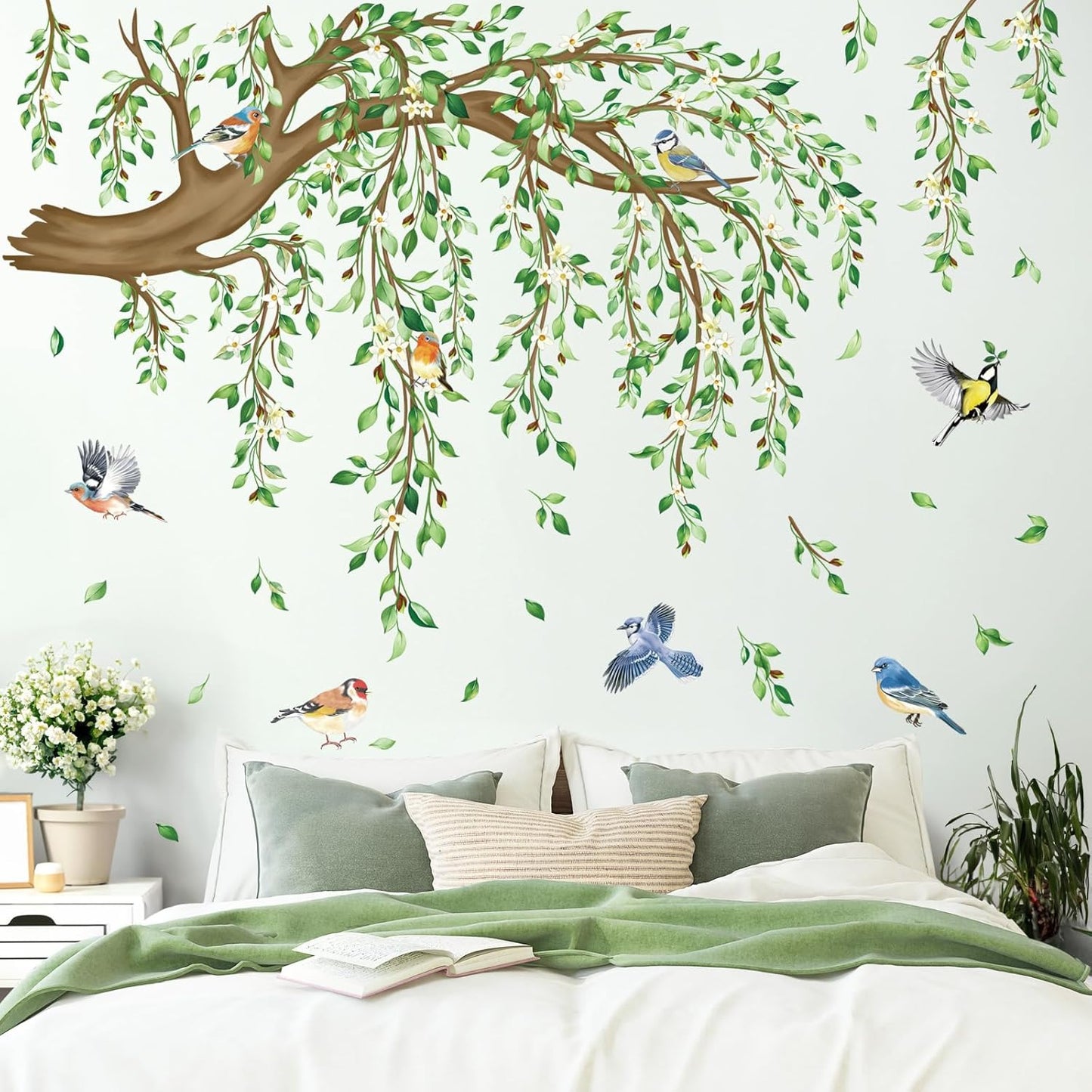 Large Hanging Vine Wall Stickers Tree Branch Green Leaf Flower Birds Wall Decals Living / Green Tree