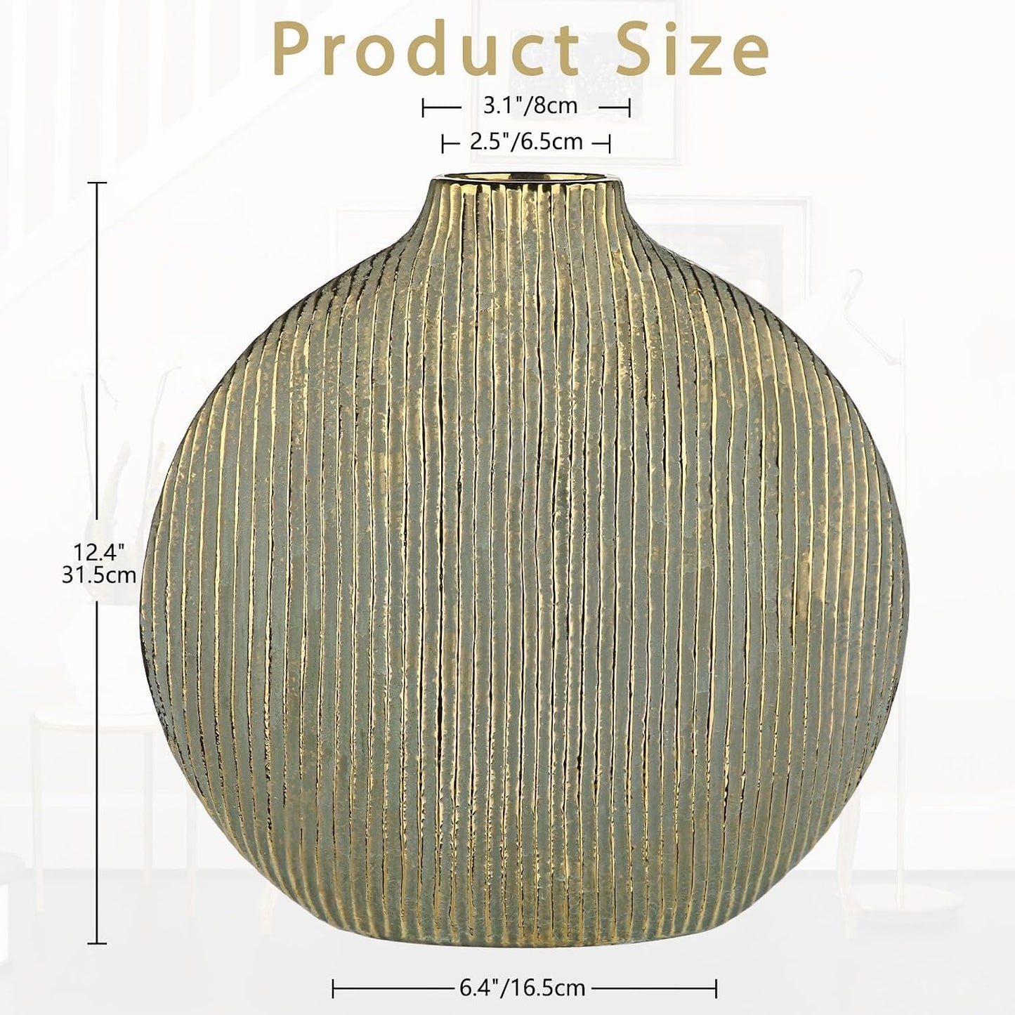 Gold Flower Ceramic Vase 12" Striped Large Vase / Gold 12 / 12in