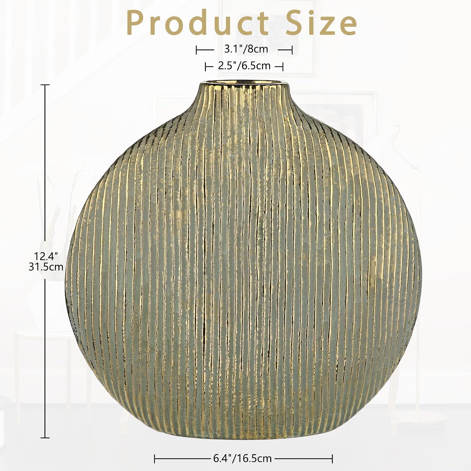 Gold Flower Ceramic Vase 12" Striped Large Vase / Gold 12 / 12in