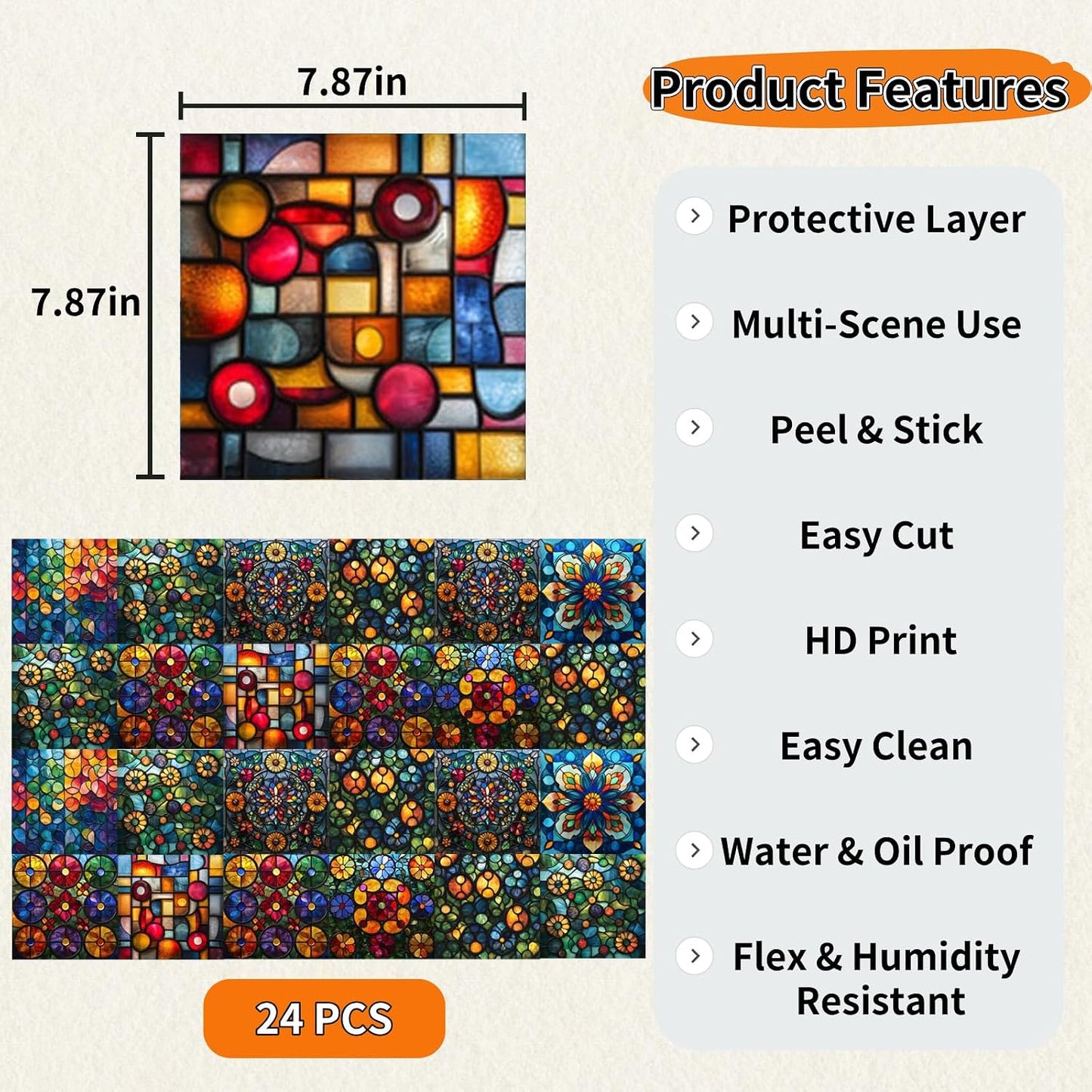 Waterproof Backsplash Wall Decals / Style D / 8 x 8 / Set of 24