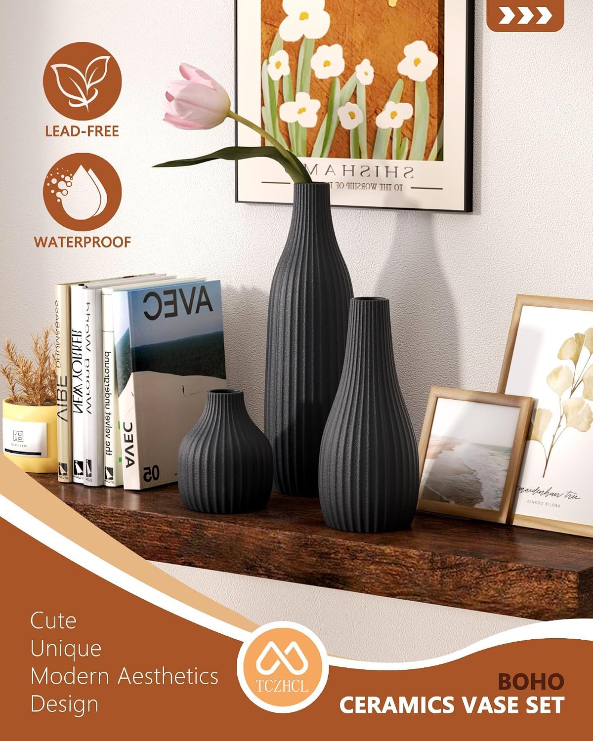 Minimal Line Ceramic Vase / Black / Set of 3