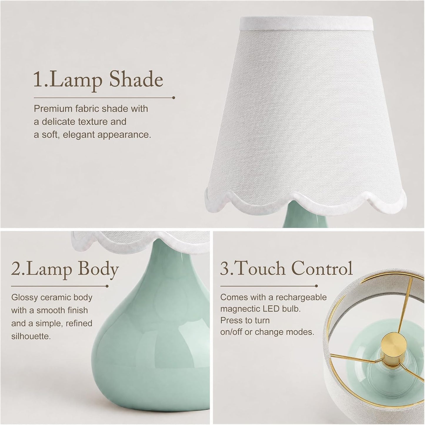 14" Cordless Table Lamp, Rechargeable Ceramic Bedside Lamp with Magnetic LED Bulb, Stepless Dimmable & 3 Colors