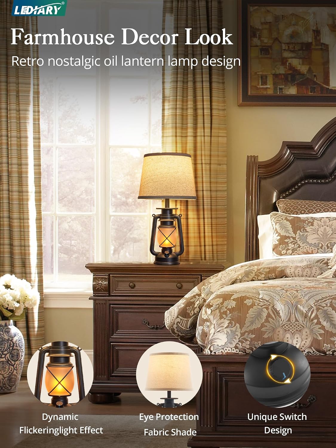 LEDIARY 18.72" Black LED Lantern Flickering Flame Table Lamps Set of 2 | Small Farmhouse Vintage End Table Lamps