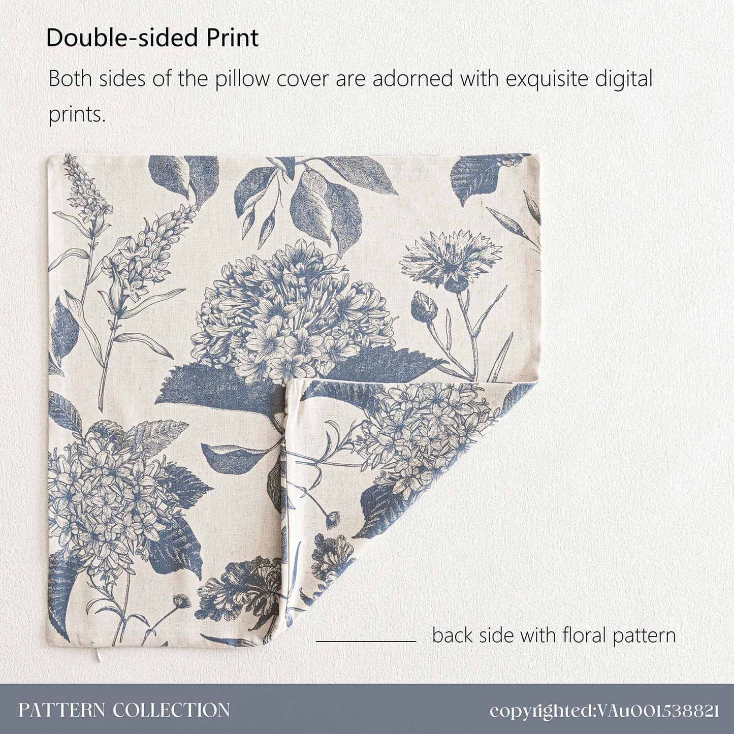 Linen Floral Vintage Throw Pillow Covers Neutral Accent Print / 18 x 18 / Aegean Blue / Set of 2