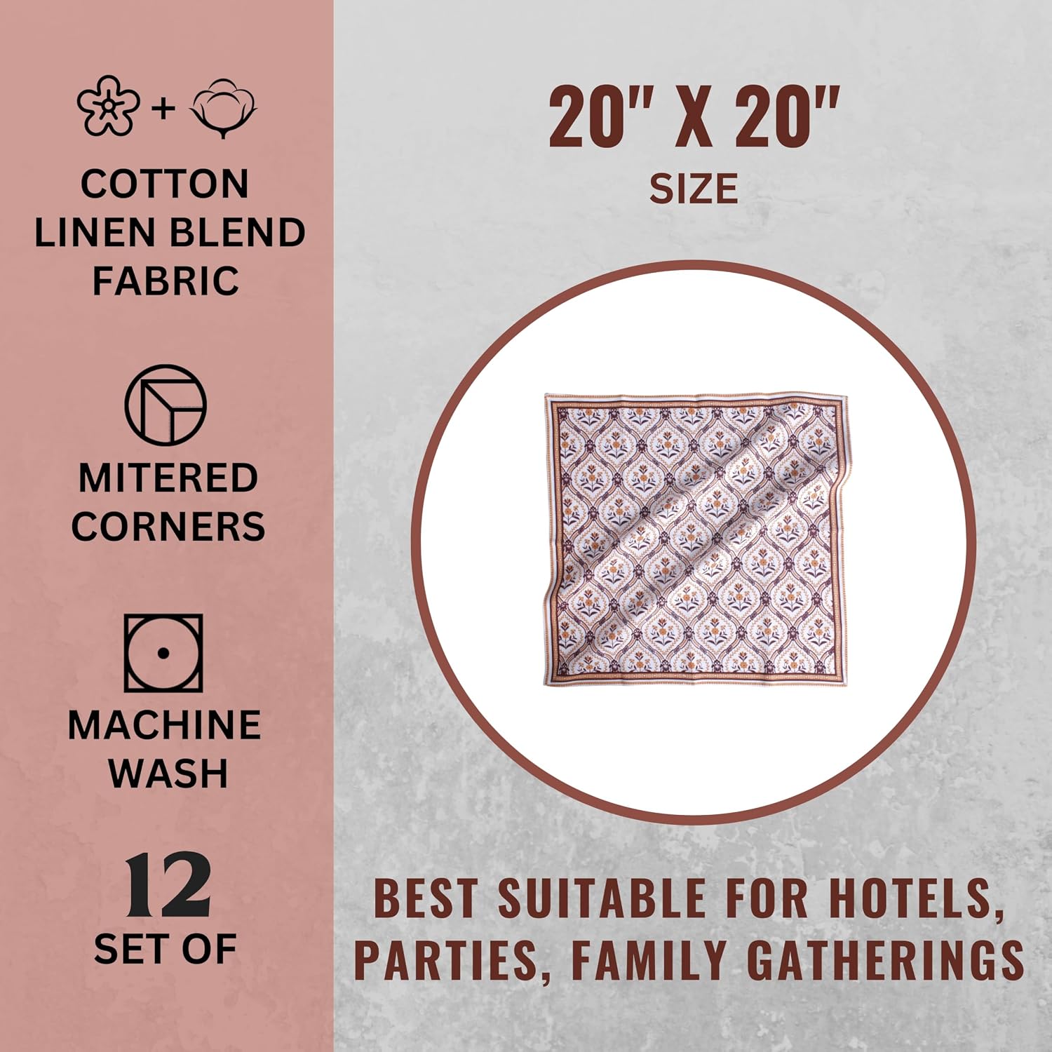 FINGERCRAFT Cloth Napkins Set of 12 Cotton Linen, 20x20 in, Damask Orange | Mitered corner, washable, soft, absorbent