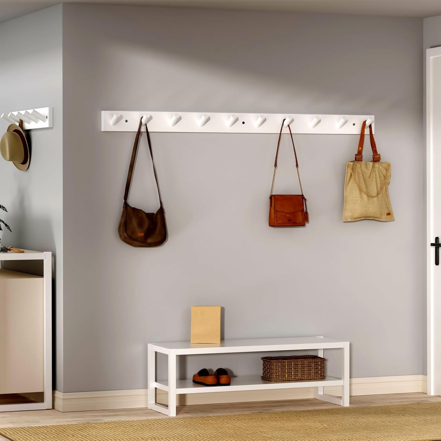 SKOLOO Wall Mounted Coat Rack 38", 10 Hooks, Bamboo, Shaker Style, White | Wood wall hooks, painted finish, 100-lb cap