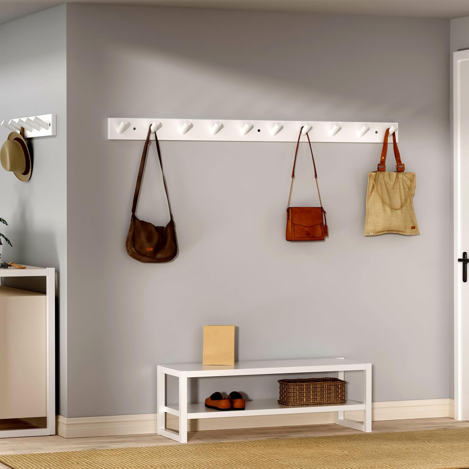 SKOLOO Wall Mounted Coat Rack 38", 10 Hooks, Bamboo, Shaker Style, White | Wood wall hooks, painted finish, 100-lb cap