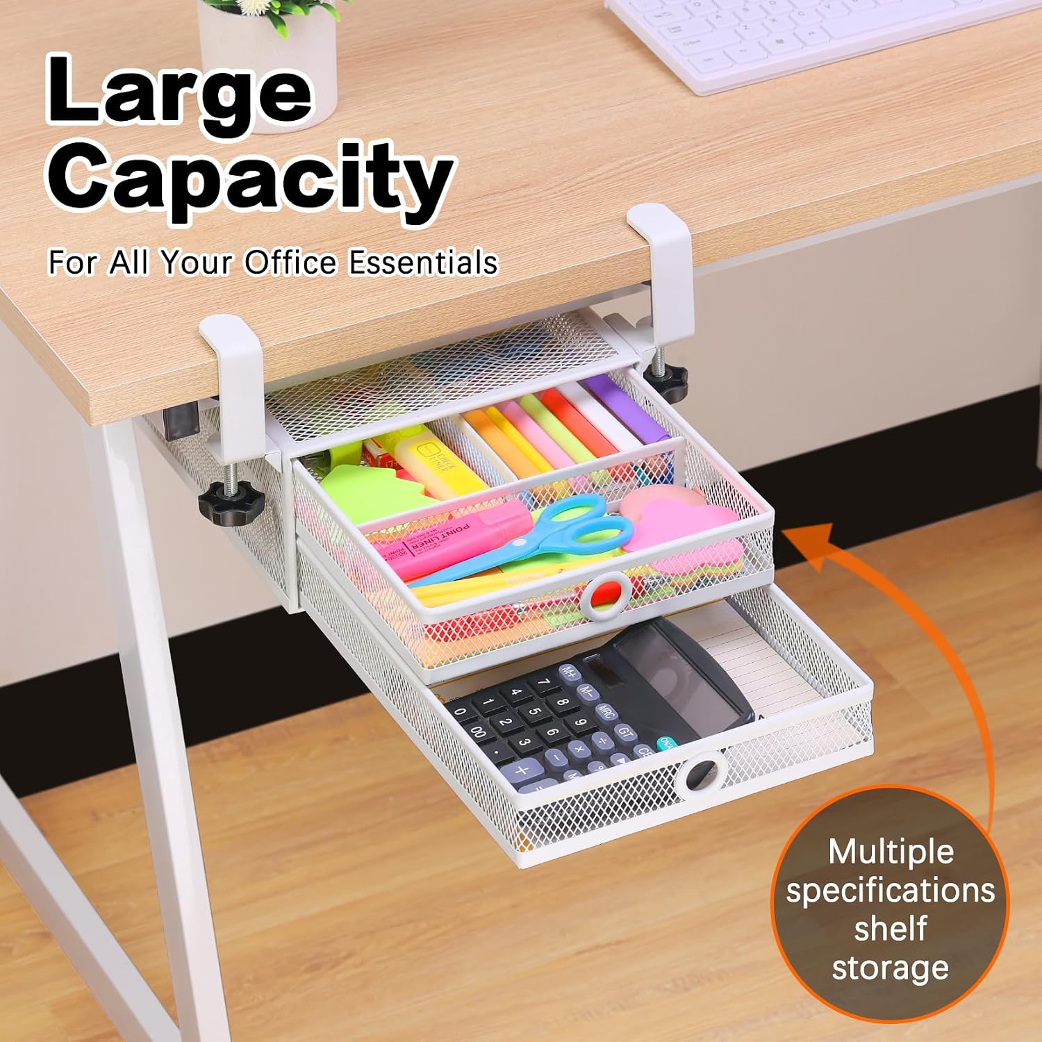 ROSYLINE Under Desk & Desktop Drawer Organizer, 2-Tier Big Capacity | Steel Construction, Clip-On No Drill