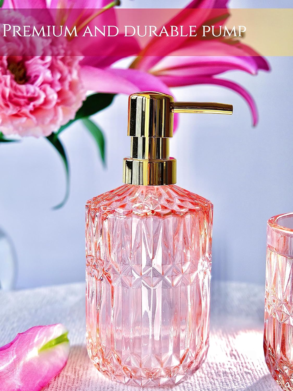 LaMarriti 5pcs Pink Bathroom Accessory Set, Clear Glass Bathroom Set, Soap Dispenser and Toothbrush Holder Set, Soap