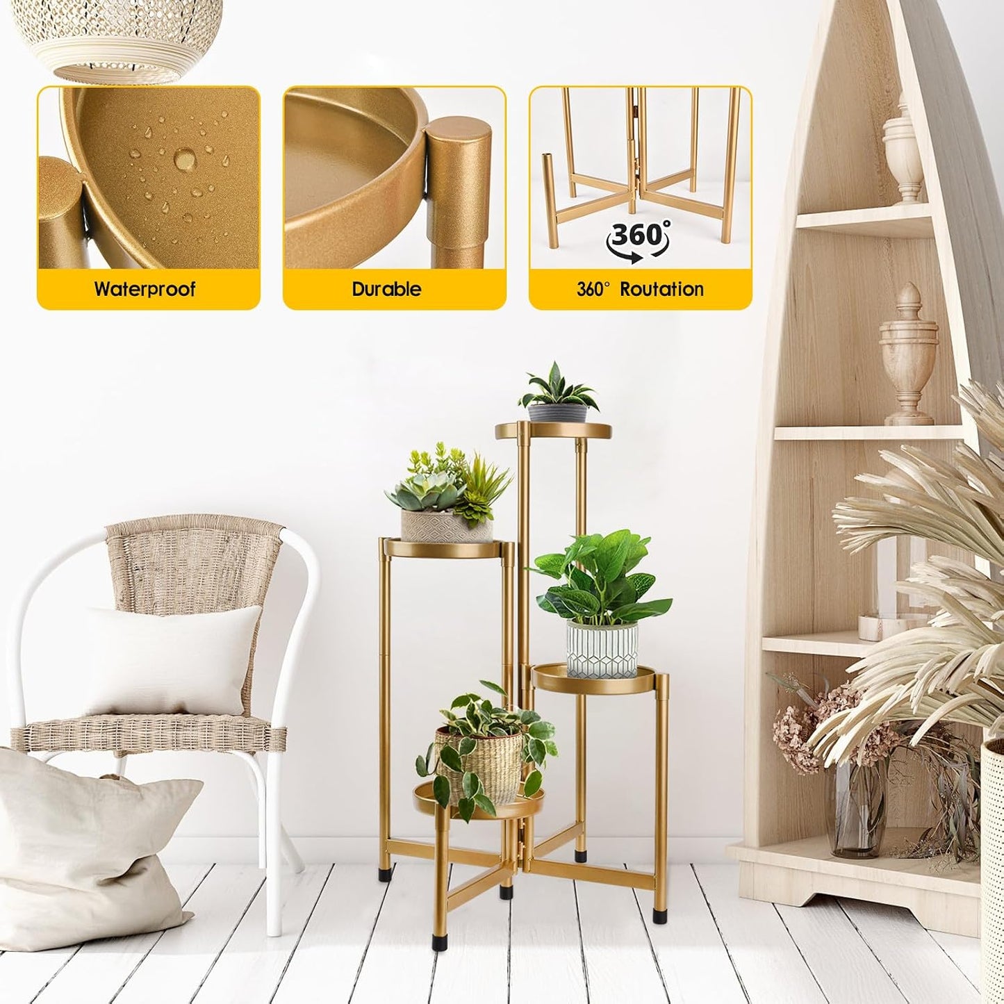 4 Tier Plant Stand Indoor Outdoor, 31 Inch Tall Metal Plant Shelf Waterproof, Plant Holder with Folding Design For