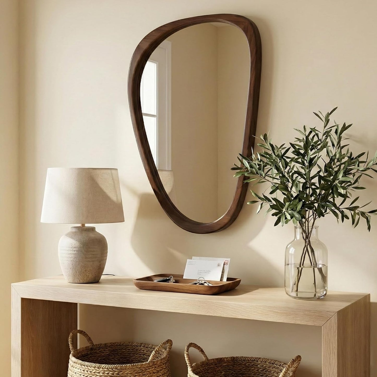 Solid Wood " Irregular Asymmetrical Wall Mirror / Dark Walnut / 30"L x 20"W / 30 x 20