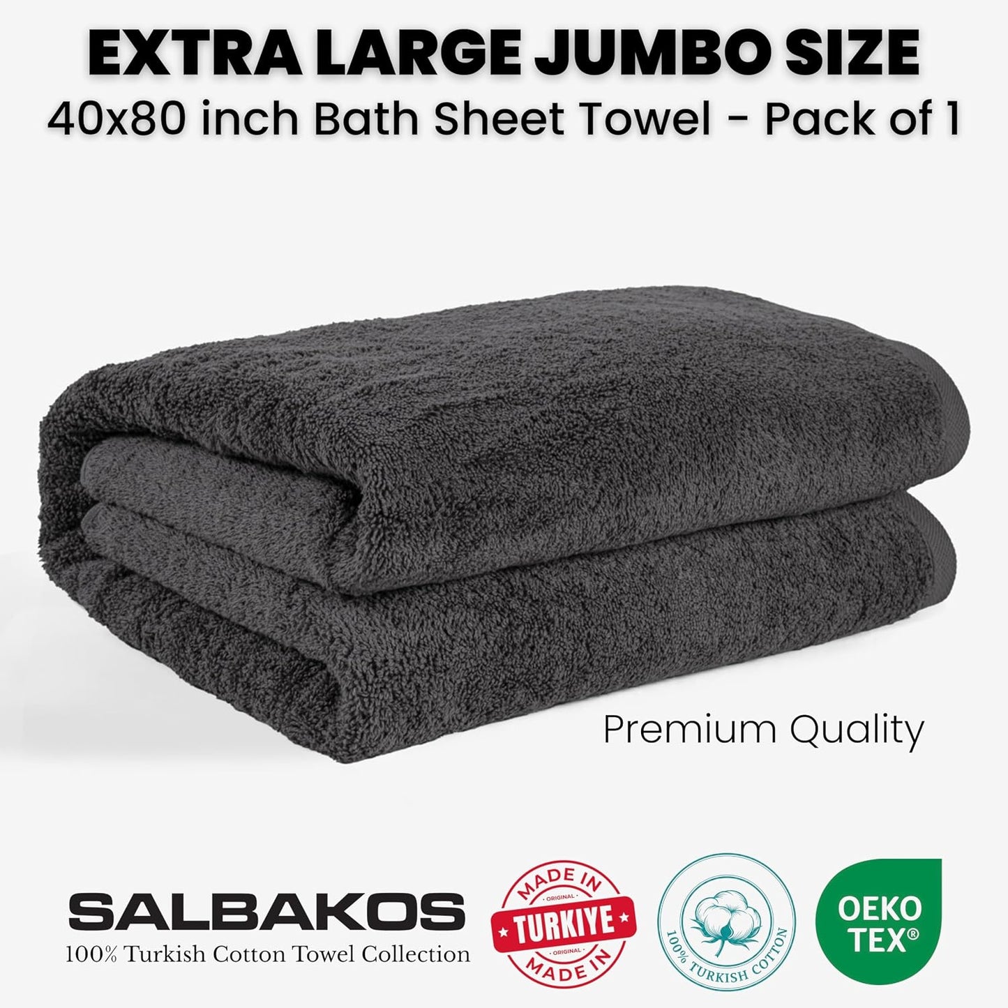 SALBAKOS Luxury 100% Turkish Cotton Bath Sheet 40x80 in (1-Piece, Gray) | Extra Large Jumbo Oversized Bathroom and