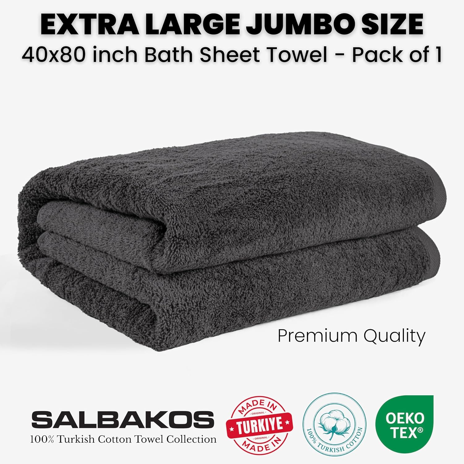 SALBAKOS Luxury 100% Turkish Cotton Bath Sheet 40x80 in (1-Piece, Gray) | Extra Large Jumbo Oversized Bathroom and