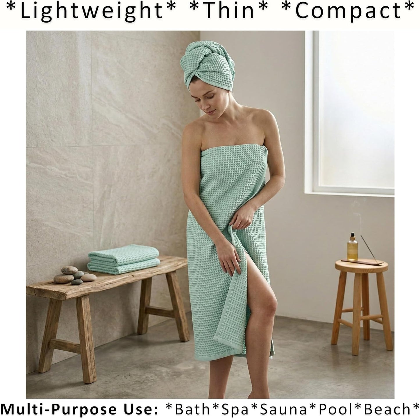 PÜSKÜL Natural 100% Turkish Cotton Waffle Bath Towels Set of 2, Extra-Large | Ice Green, Oversize 32x63" Bath sheet