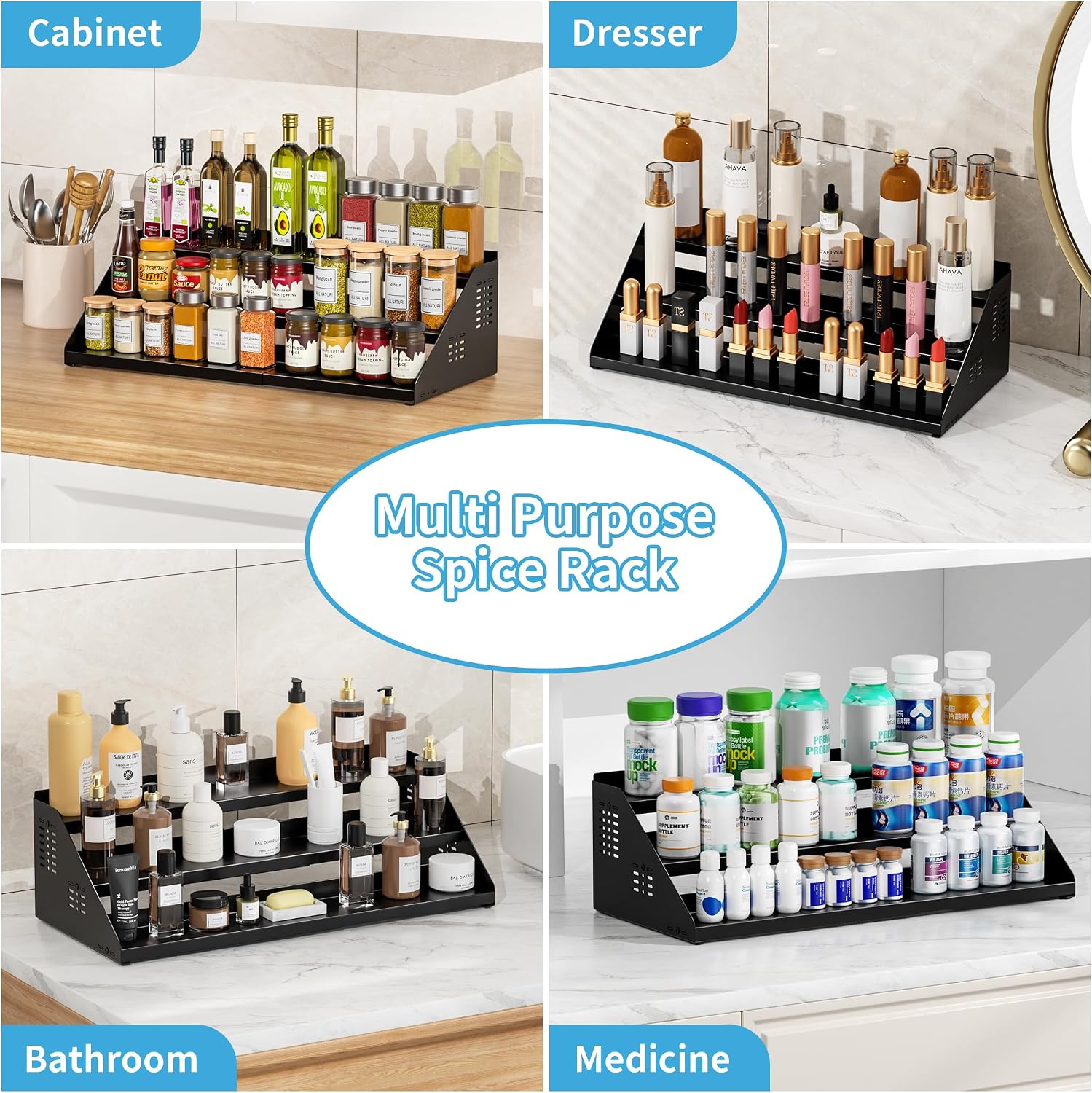BOIVSHI 3 Tier Spice Rack for Cabinet, Adjustable Shelf, Black | Expandable Width 13"-22" Spice Organizer for