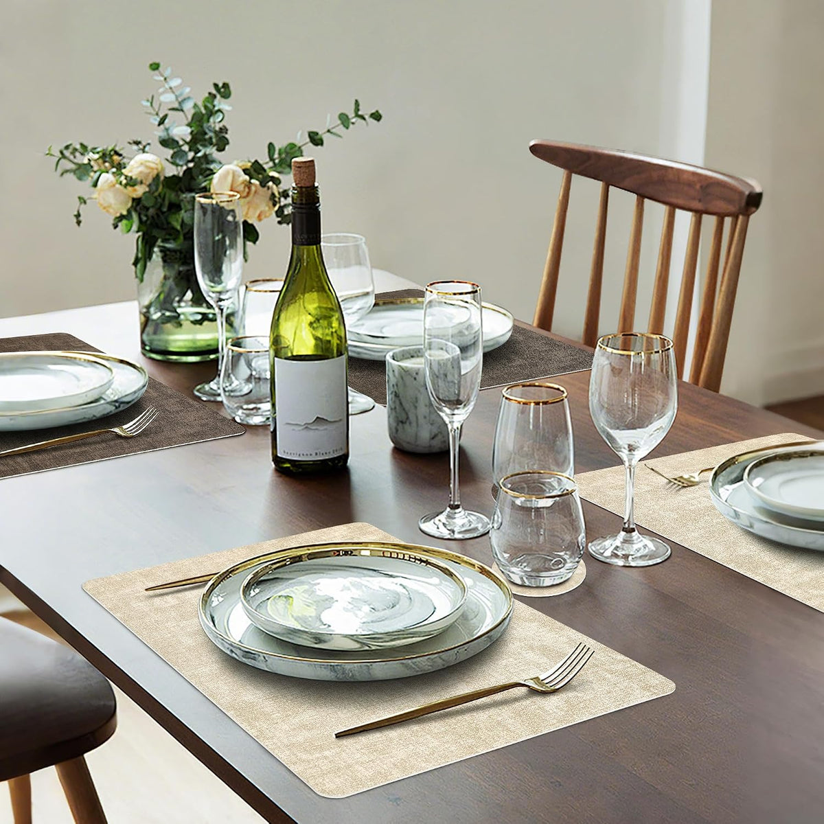 Fyvva Placemats Set of 6 Wipeable Reversible Faux Leather with Coasters | Waterproof, Non-Slip Rectangular Table Mats