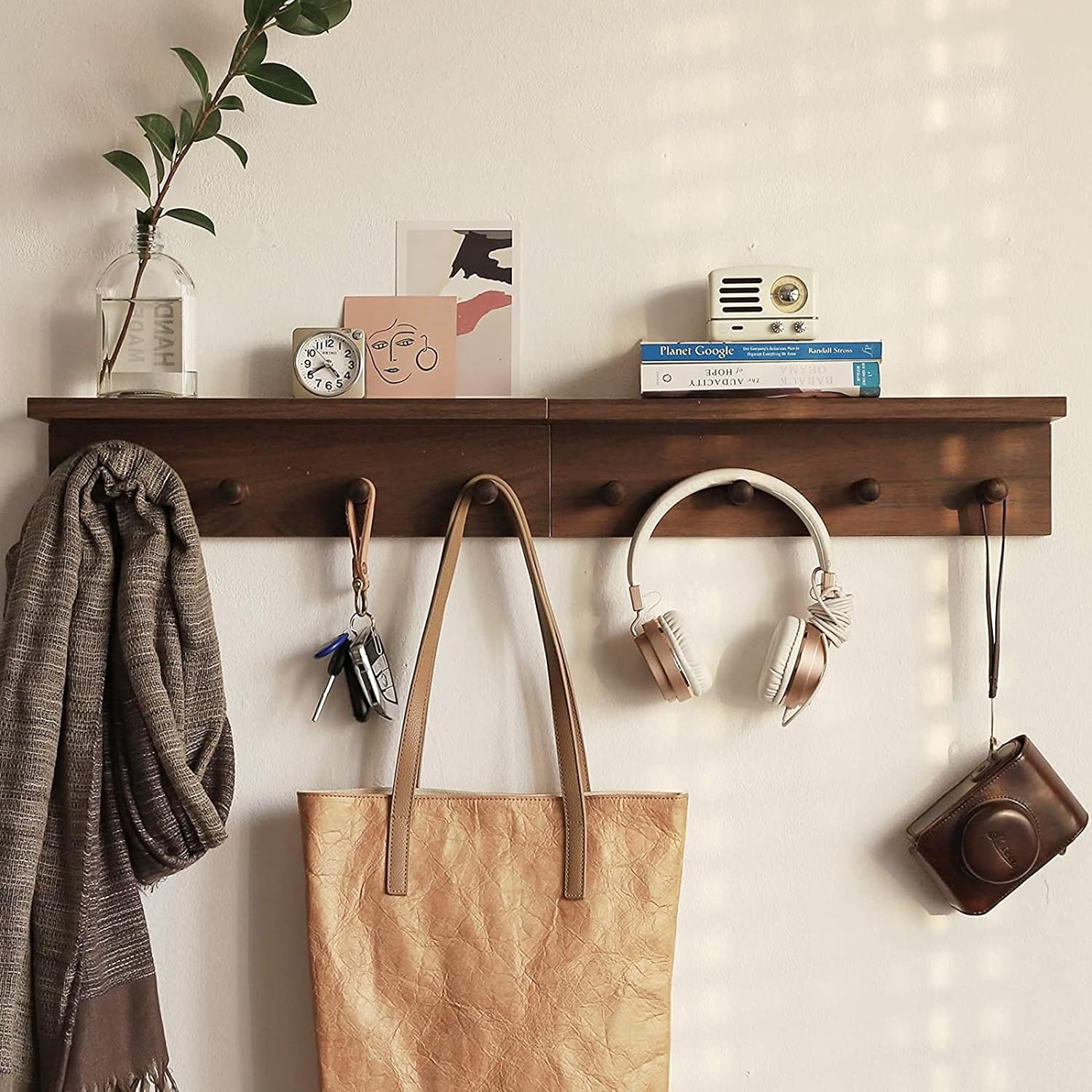 Wall-Mounted Wooden Hook Rack / Walnut Color Finish-a-1