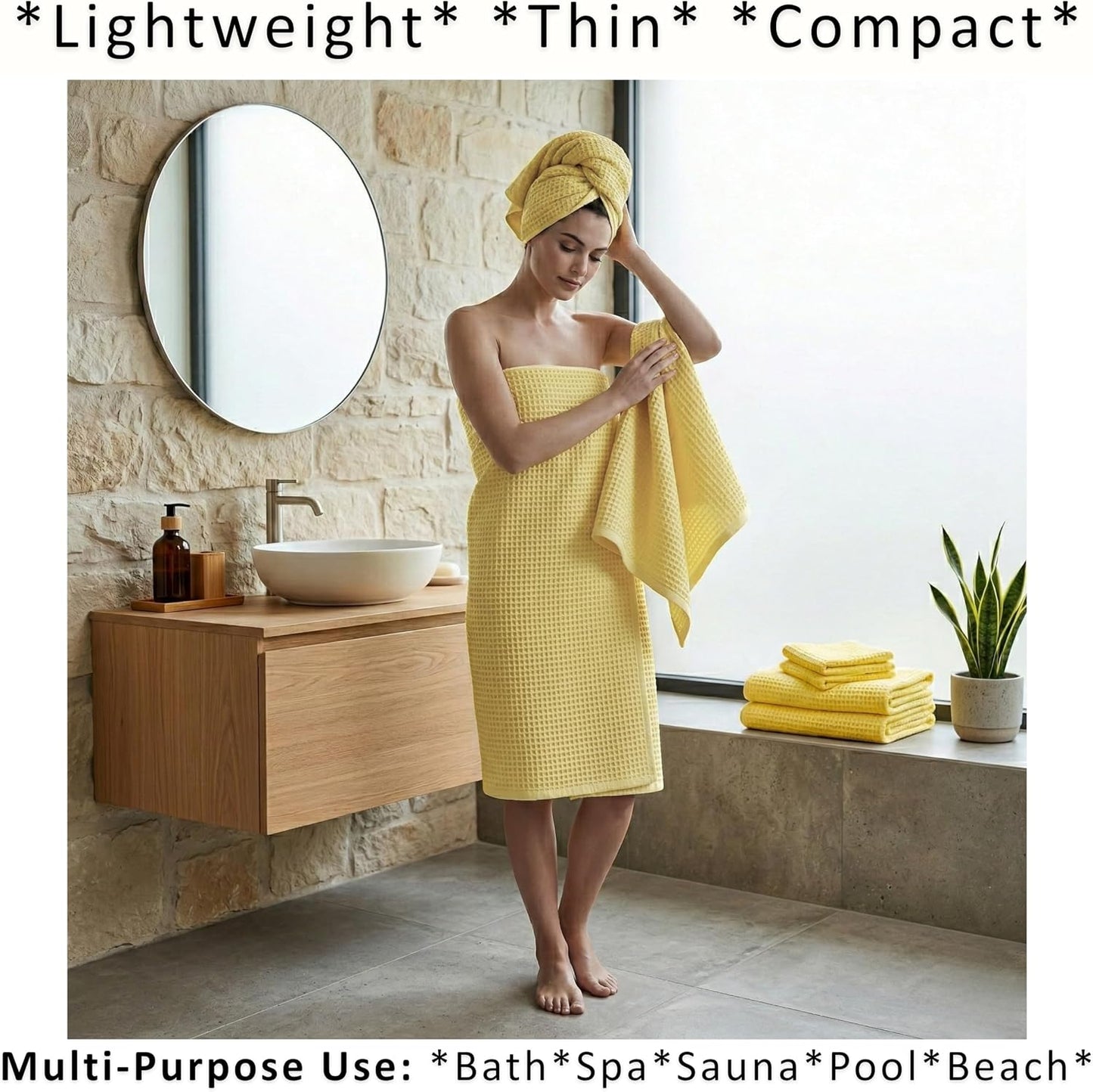 PÜSKÜL Natural 100% Turkish Cotton Waffle Bath Towels Set of 2, Extra-Large | Light Yellow, Oversize 32x63" Bath sheet