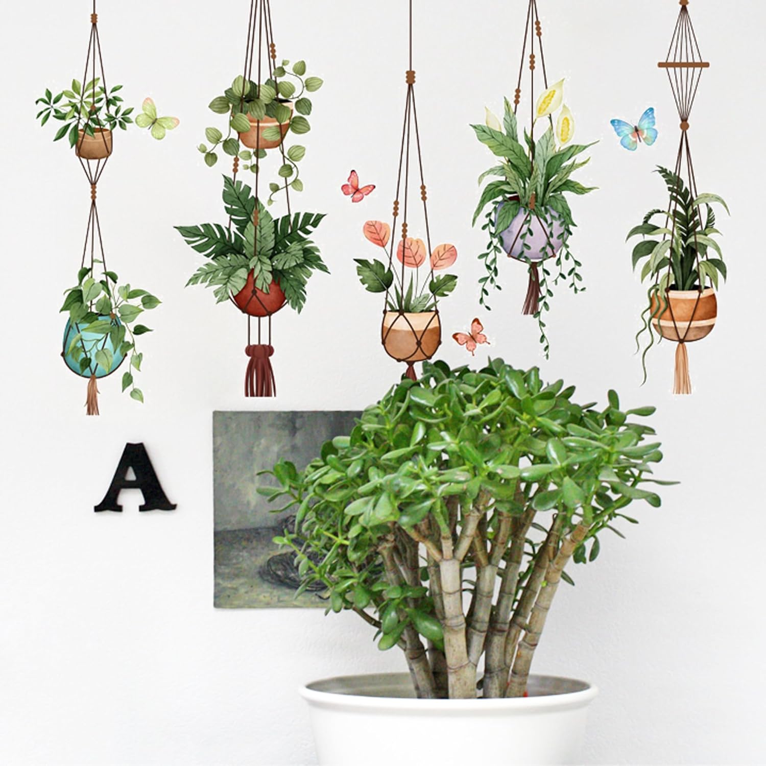 Hanging Potted Wall Stickers Plant Vine Wall Decals Peel and Stick Leaves Boho Wall Art / Green