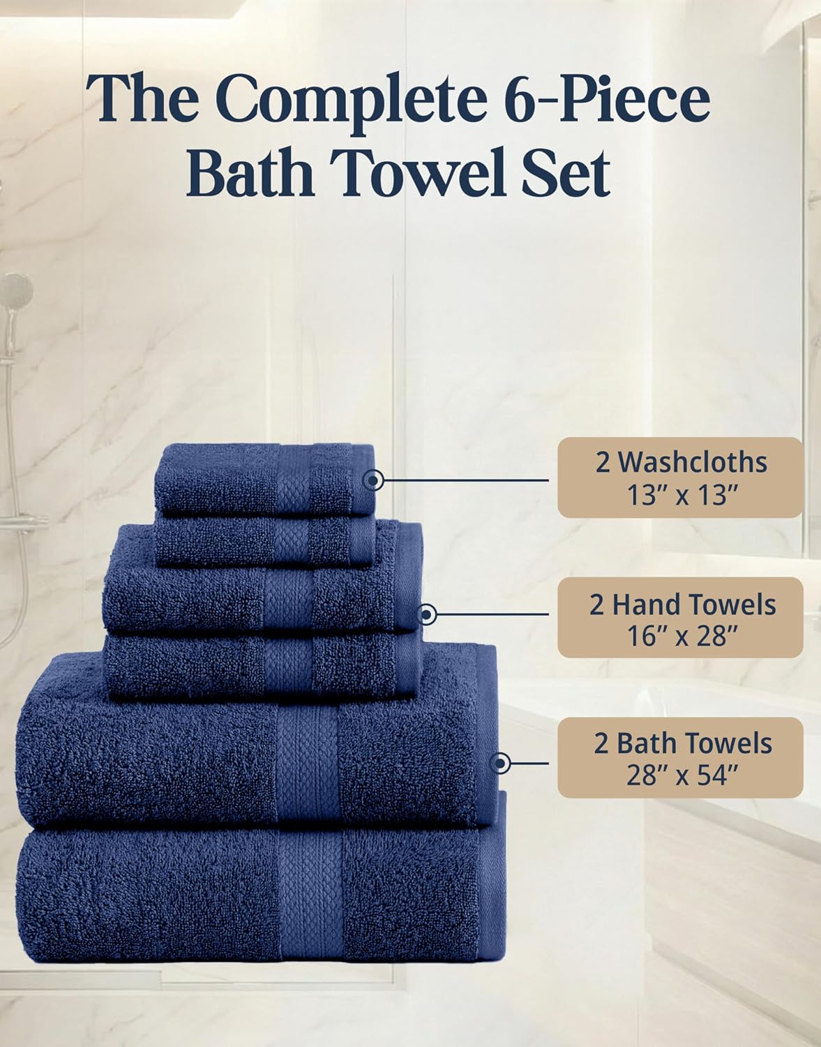 LANE LINEN Bath Towel Set Absorbent Quick Dry 100% Cotton 6 Piece - Navy | Cotton Towels For Bathroom - OEKO-TEX