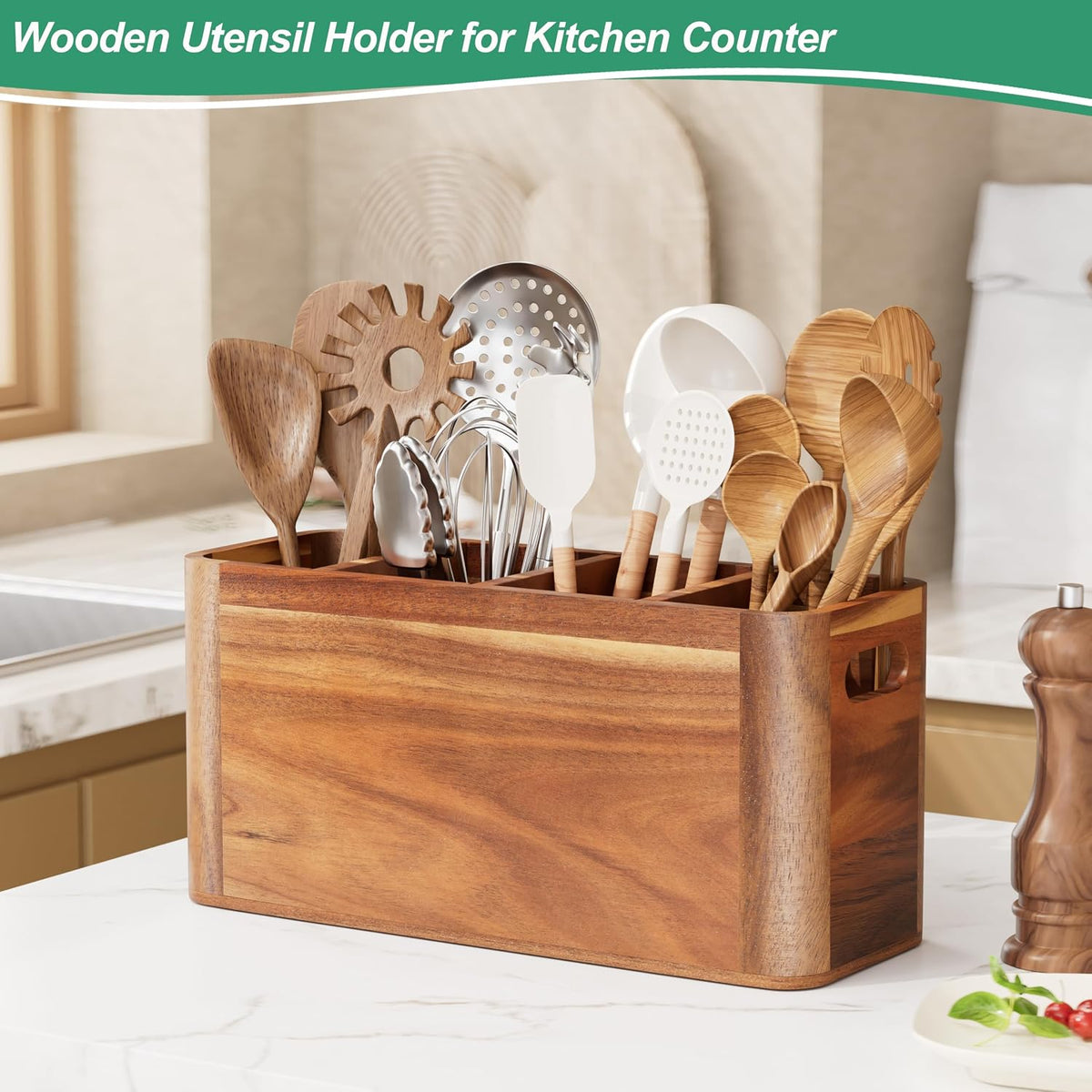 ZUJJAFY Utensil Holder, Acacia Wood Kitchen Utensil Holder for Counter with 4 Compartments, Extra Large Wooden Kitchen
