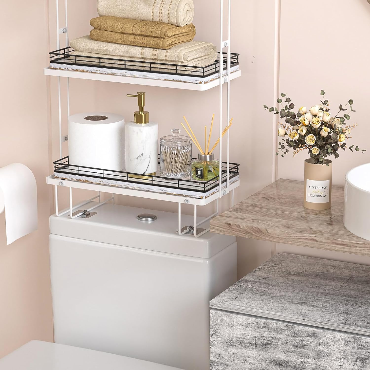13" Wood Toilet Paper Storage Basket Tray Back of Toilet / Black & Farmhouse White / 13 x 6.5 x 1.5