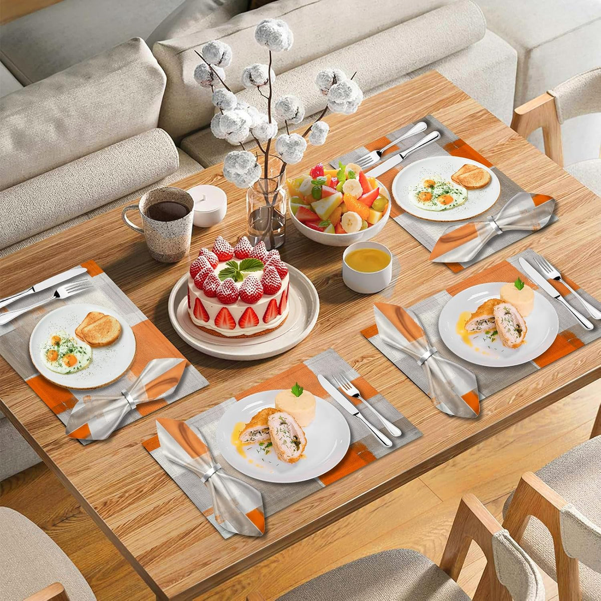 Mcalk 4 Each Orange Placemats and Cloth Napkins Set of 8, Modern Art Placemat, Abstract Brown Cloth Napkin for Home