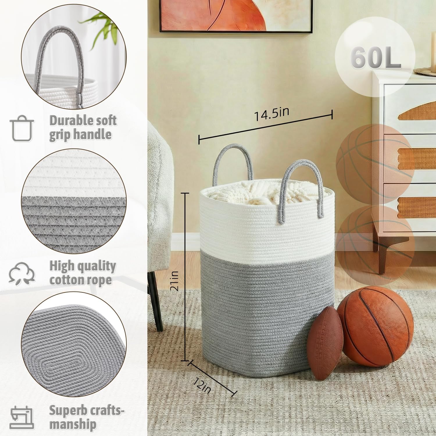 Laundry Basket / Woven Cotton Rope Laundry Hamper / 60L / Grey