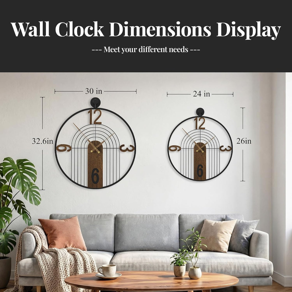 Cuspin 30 Inch Large Wall Clock Modern Black Metal Clock with Walnut Dial | Battery operated, Silent non ticking