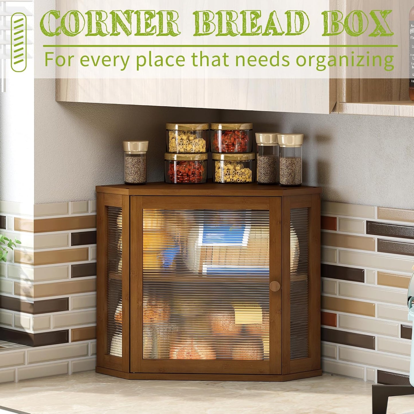 BMOSU Corner Bread Box for Kitchen Countertop Double Layer Bamboo Wooden Bread box Large Capacity Bread Storage