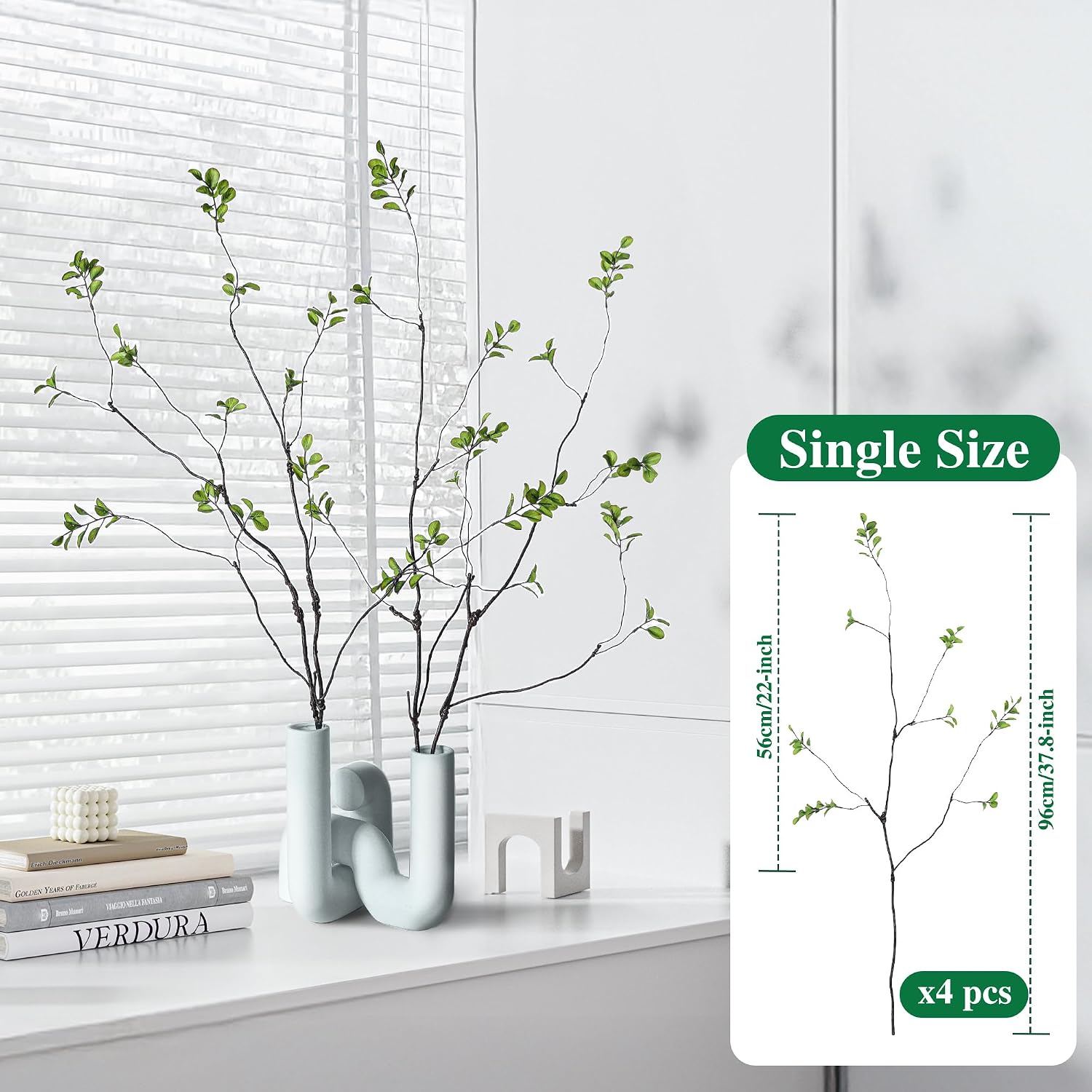 Faux Greenery Stems Branches for Vases / Green / Set of 4