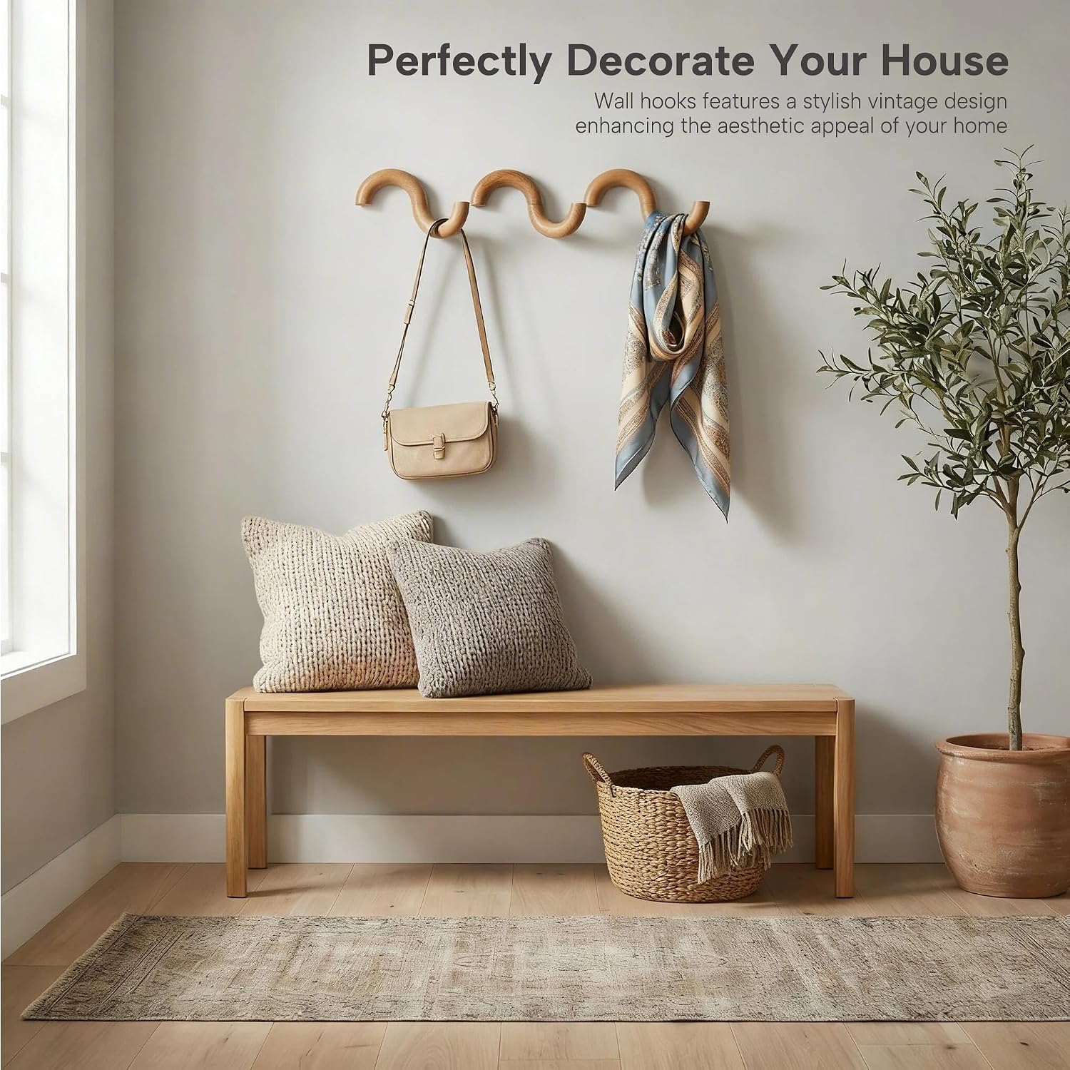 Wooden Decorative Wall Hooks Coat Hook Hat Rack Entryway Key Holder Organizer / Light Oak / Set of 3