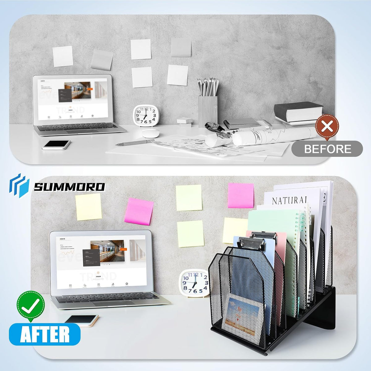 SUMMORO Inclined File Organizer for Desk, 7-Section Vertical File Holder | Office Desk Organizer Metal Rack File