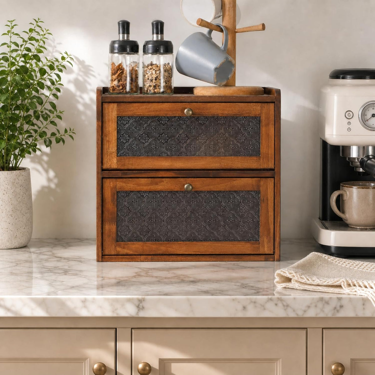 Sunhoo Bread Box for Kitchen Countertop, Large Pine Wood Breadbox, Brown | Farmhouse Pantry Container, Double Layer