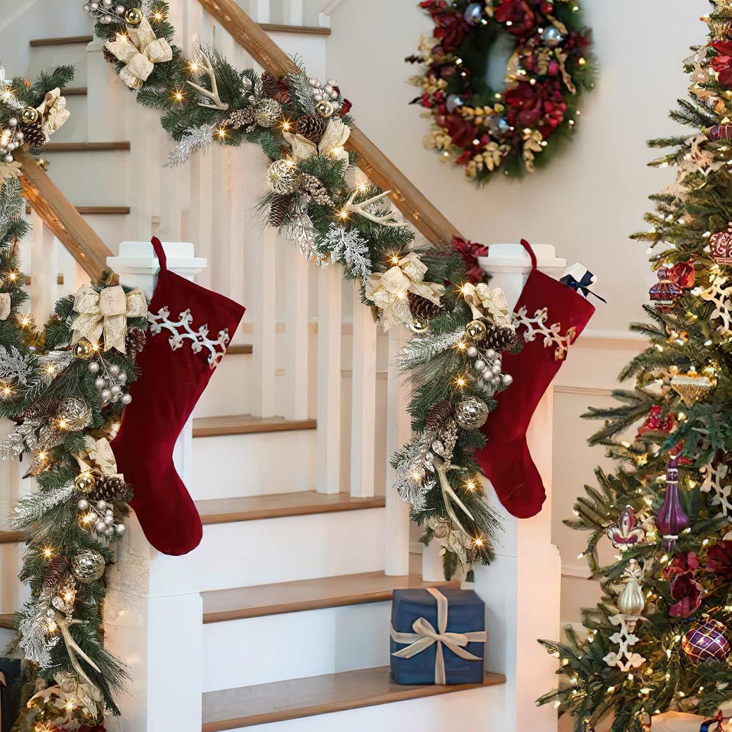 Christmas Garland with Lights, Champagne Gold 6FT 20LED Pre-Lit Christmas Garland with Ball Ornaments, Ribbons, Pine