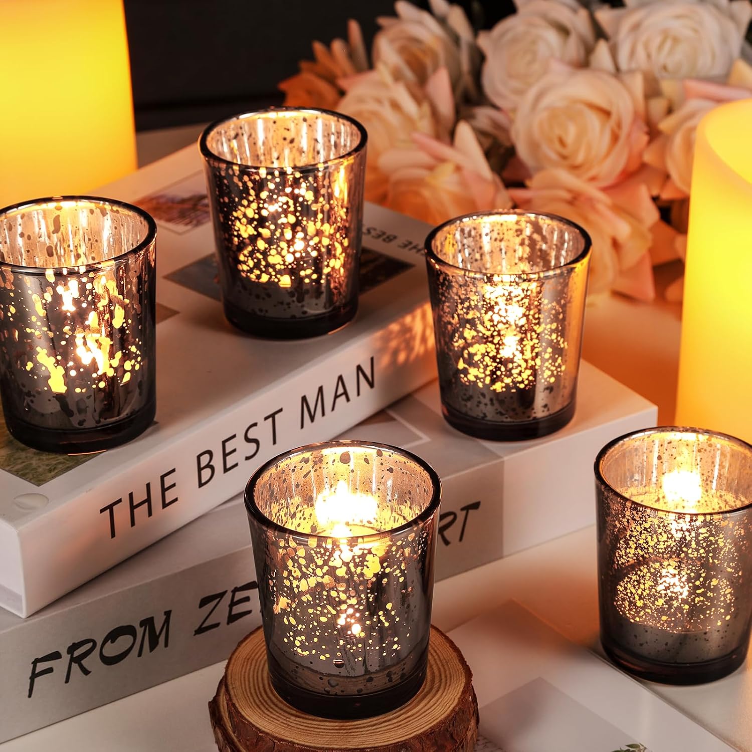 UPBUD Black Votive Candle Holders Set of 24 | Speckled Mercury Tealight Candle Holders for Wedding Centerpiece Table