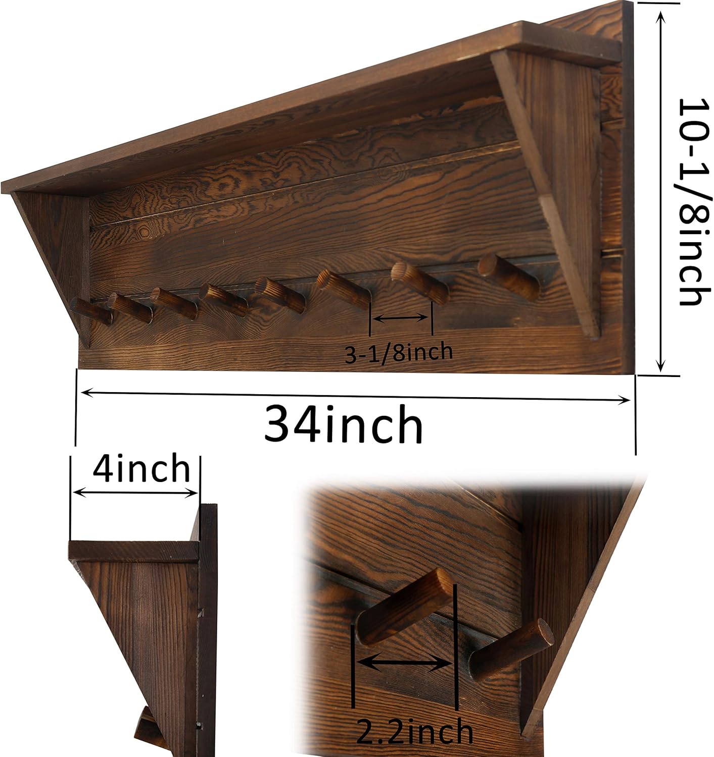 WEBI Coat Rack Wall Mount with Shelf,8 Peg Hooks,34" Long Rustic Entryway Wall Shelf with Hooks Underneath for Hanging