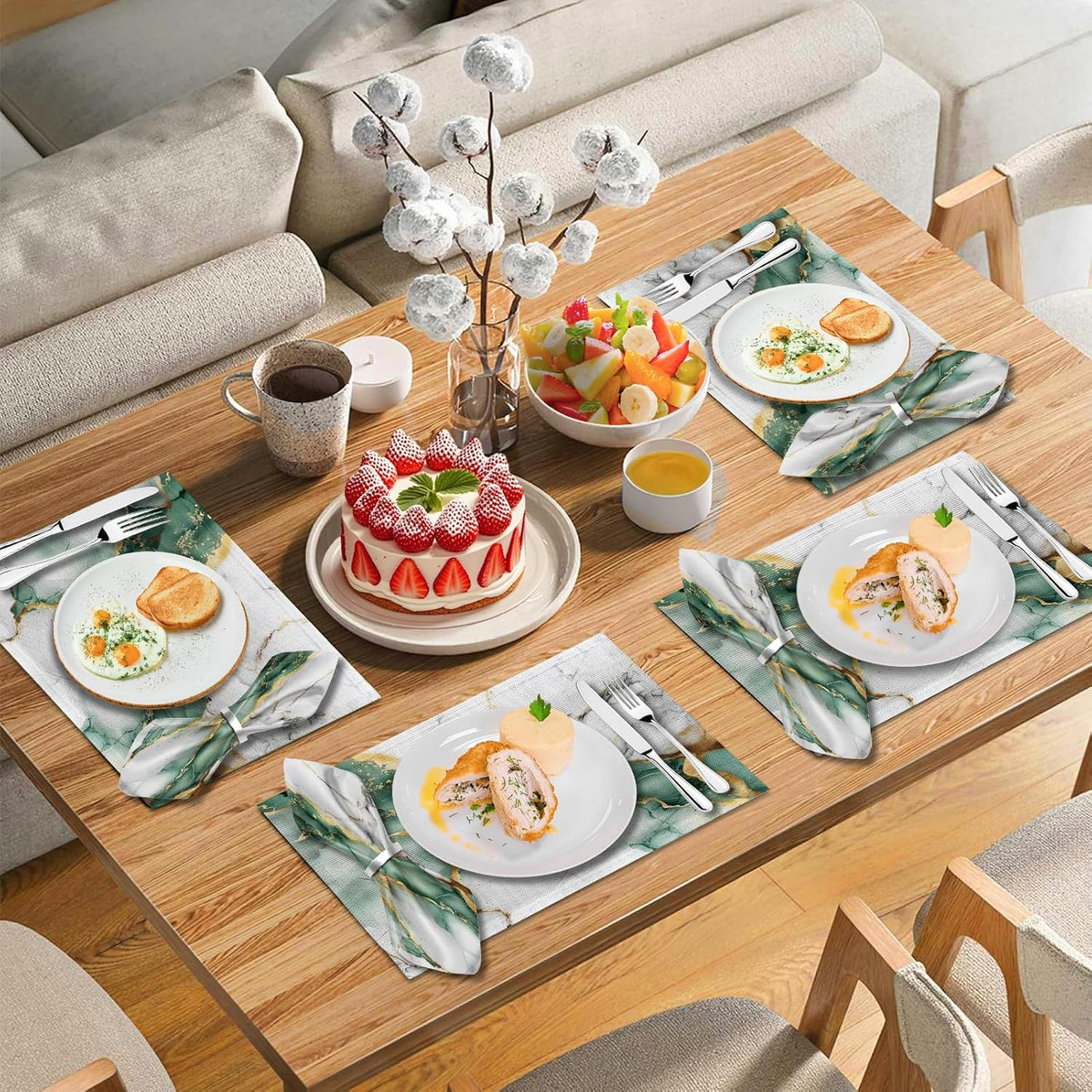 Mcalk 4 Each Green Marble Placemats and Cloth Napkins Set of 8, Modern Art Placemat, Marble Print Cloth Napkin for Home