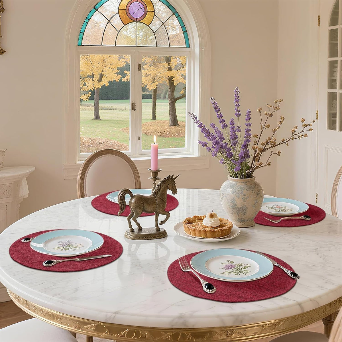 Cotton Linen 15 Inch Round Cloth Place mats, Set of 6, Red | Washable Table Mats, Heat Resistant, Reversible, Wipeable
